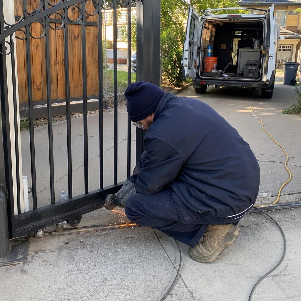 Technician using a power grinder to perform professional gate repair