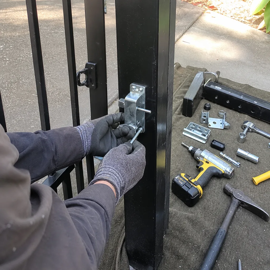 Technician performing professional metal gate repair and latch installation