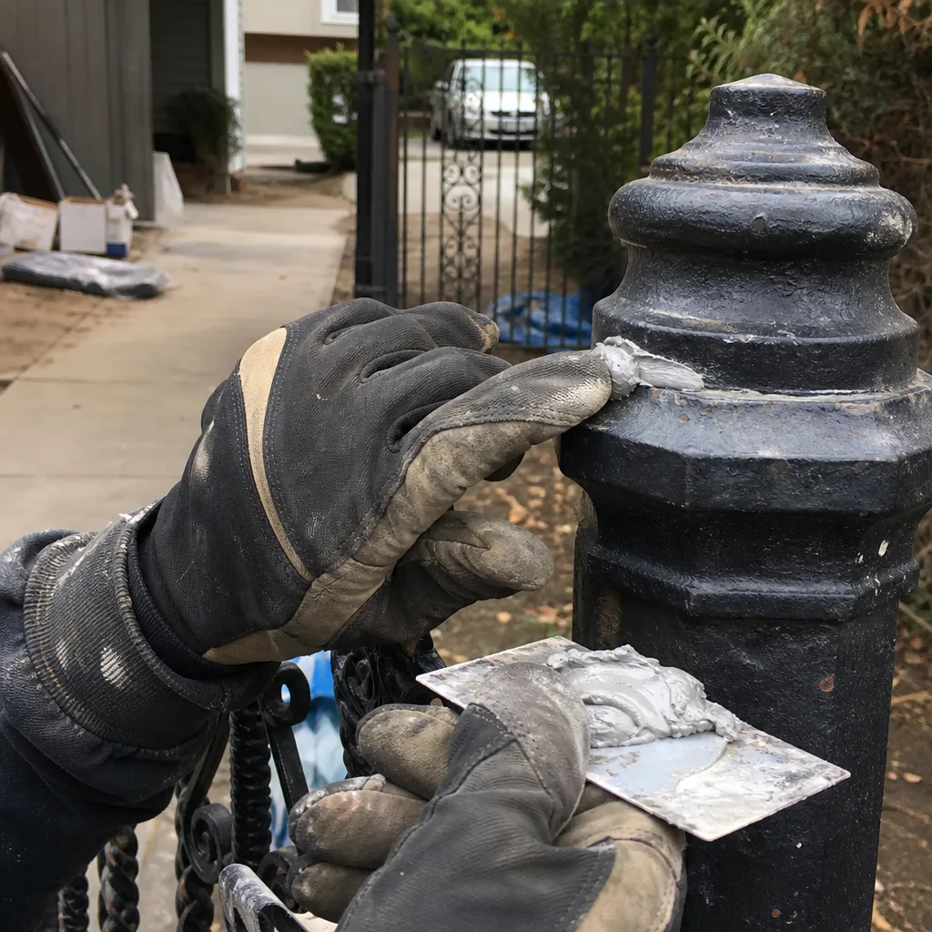 Worker repairing decorative metal gate post with putty and sealant